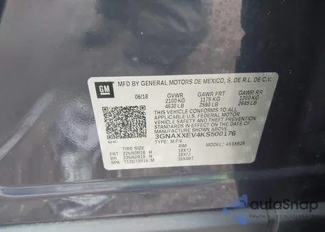 2019 Chevrolet Equinox Premier z USA, uszkodzony, nr VIN 3GNAXXEV4KS500176